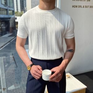 Men's Knitted Crew Neck T-Shirt - Slim Fit Short Sleeve Summer Tee