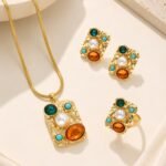 Vintage Square Hammered Gemstone Jewelry Three-Piece Set, Contrasting Color Necklace Set