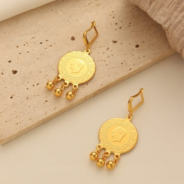 Turkish Vintage Gold Coin Tassel Earrings, Ethnic Style, Exaggerated Gold Coin Drop Earrings 2 Turkish Vintage Gold Coin Tassel Earrings, Ethnic Style, Exaggerated Gold Coin Drop Earrings