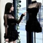 Light Luxury Style Mesh Patchwork Long-Sleeved High-Neck Cake Dress - Women's High-End French-Style Banquet Dress
