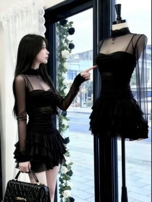Light Luxury Style Mesh Patchwork Long-Sleeved High-Neck Cake Dress - Women's High-End French-Style Banquet Dress