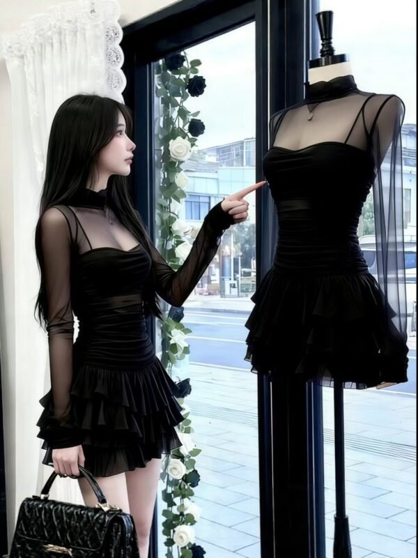 Light Luxury Style Mesh Patchwork Long-Sleeved High-Neck Cake Dress - Women's High-End French-Style Banquet Dress