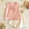 Girls' Tencel Linen Sleeveless Set with Lace Collar, Simple Cute Princess Style