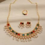 Bohemian Curved Neck Chain Pearl Tassel Black Diamond Necklace Earring Set