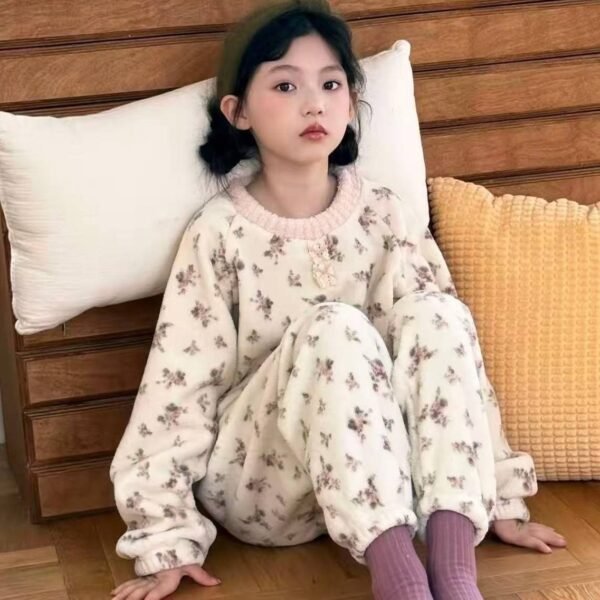 Girls' Pajamas Autumn Winter Thickened Fleece-Lined Floral Home Wear