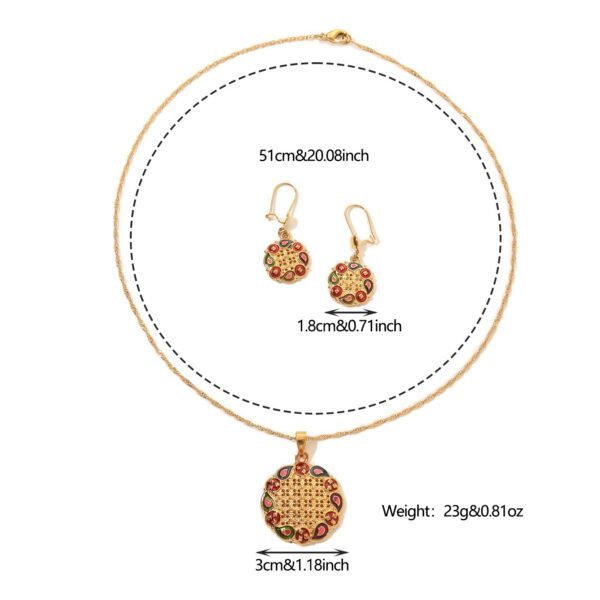 Retro Ethnic Round Pendant Necklace Gold Choker Elegant Earrings Set