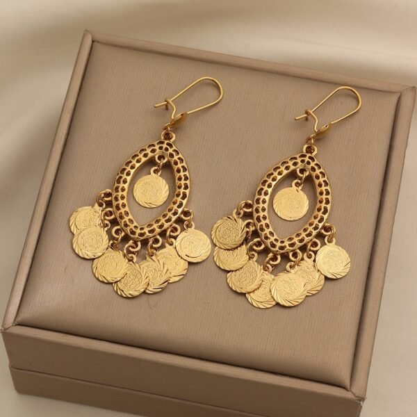 Bohemian K-Gold Plated Peacock Earrings, Coin Tassel Wind Chime Earrings