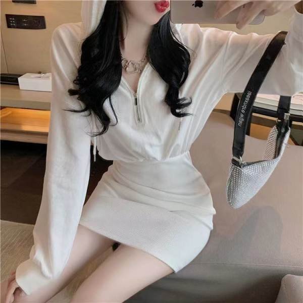 Hooded Sweater Hip Skirt Waist Slimming Base All-match Korean Style Dress