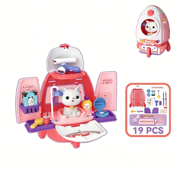 Pet Space Rocket Backpack - Pretend Play Vet & Makeup Set for Kids
