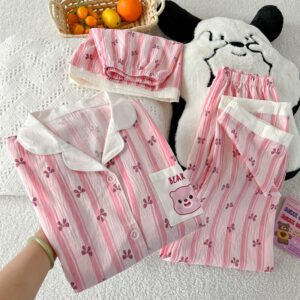 Cute Bear Cotton Pajama Set - Women's Summer 3-Piece Loungewear