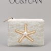 Pearl Starfish Seed Bead Embroidered Coin Purse - Small Square Beaded Bag