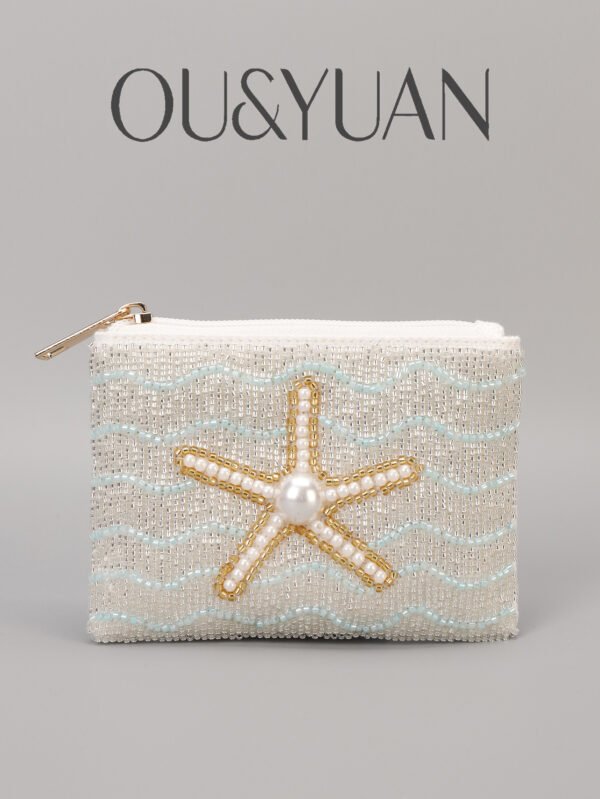 Pearl Starfish Seed Bead Embroidered Coin Purse - Small Square Beaded Bag