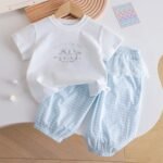 Girls Plaid Two-Piece Set - 3D Bow T-Shirt with Lace Mosquito-Proof Pants
