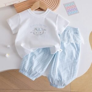 O1CN016siG351CSEQmLQbUT_2218561860079-0-cib Girls Plaid Two-Piece Set - 3D Bow T-Shirt with Lace Mosquito-Proof Pants