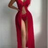 Cross-Border Foreign Trade European and American New Sexy Lingerie Sexy Women's Flower Front Placket Mesh Suspender Long Skirt Sexy Suit