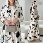 LN147 Plus-Size Chiffon Printed Cardigan with Ink Floral Headscarf Two-Piece Set