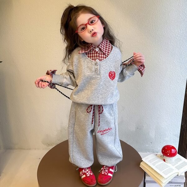 Girls Polo Sweatshirt and Sweatpants Two-Piece Set