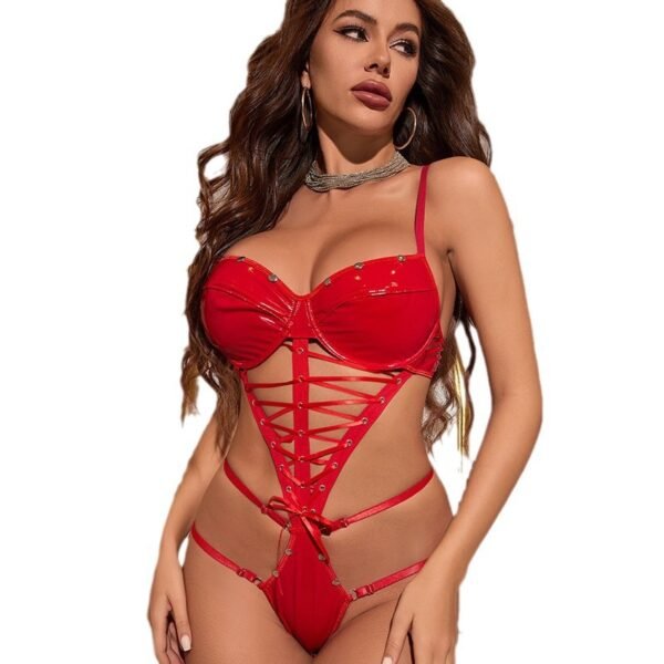 Cross-Border Foreign Trade European and American New Sexy Underwear Sexy Women's Patent Leather Strap Hollow Jumpsuit Sexy Suit Wholesale