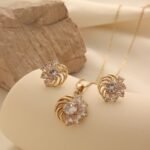 European Fashion Flower Windmill Earrings Necklace Set Zircon Jewelry