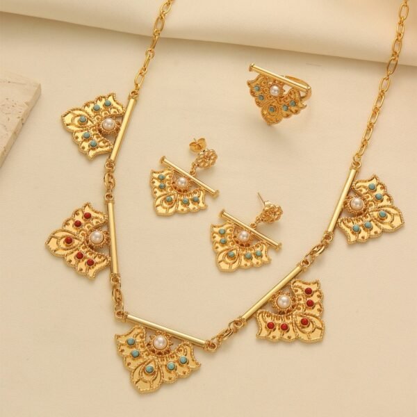 Rhombus-Shaped Red Turquoise Pendant Necklace Gold-Plated Three-Piece Set, Middle Eastern Bride Jewelry