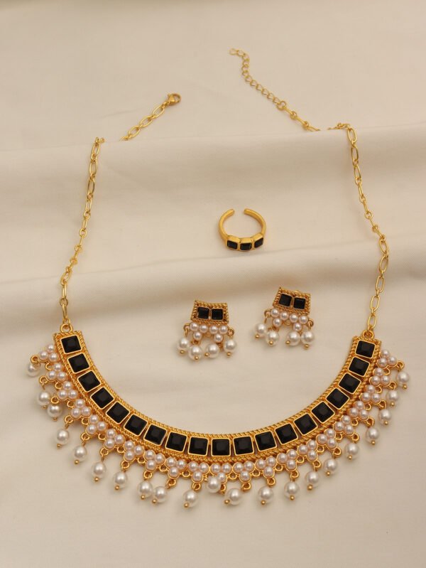 Bohemian Curved Neck Chain Pearl Tassel Black Diamond Necklace Earring Set