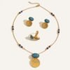 Gold-Plated Ancient Coin Pendant Necklace Beaded Chain Blue Turquoise Earrings Three-Piece Set