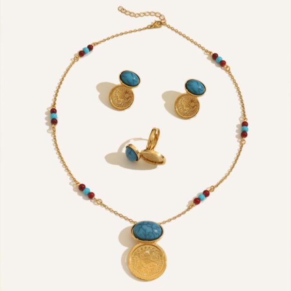 Gold-Plated Ancient Coin Pendant Necklace Beaded Chain Blue Turquoise Earrings Three-Piece Set