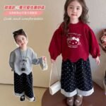 Girls Sweatshirt Set - Cat Print Top with Polka Dot Wide-Leg Pants