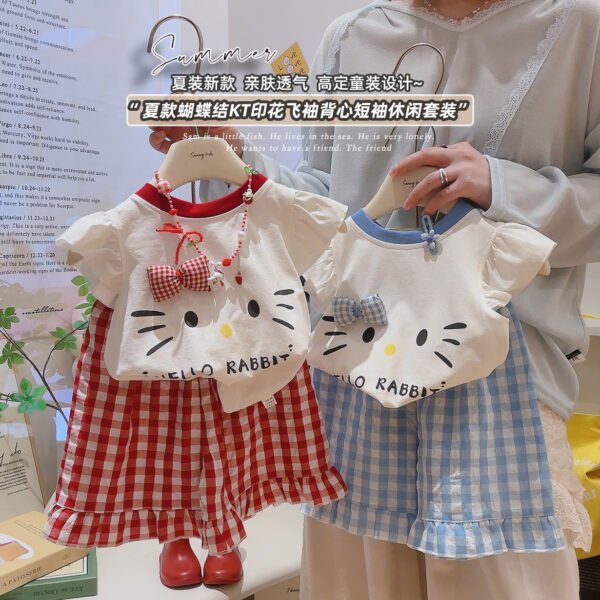 Girls Flying Sleeve Bow Two-Piece Set - Short Sleeve Top and Shorts