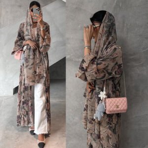 LN231 Cardigan long imprimé floral rétro avec foulard