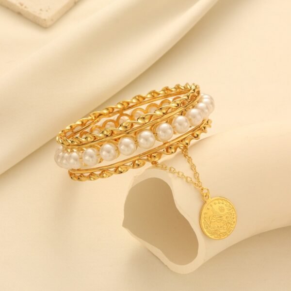 Middle Eastern Vintage Pearl Bracelet with 24K Gold-Plated Coin Pendant