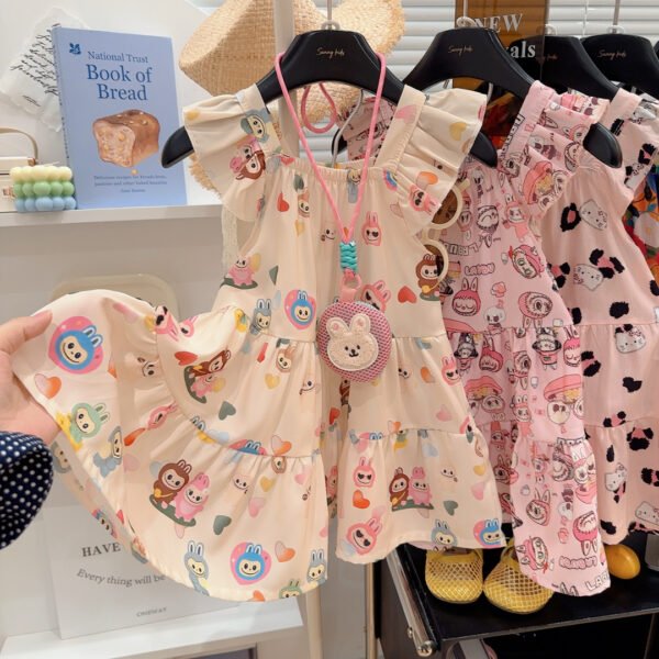 Girls Floral Cartoon Print Cotton-Silk Summer Dress - Skin-Friendly, Cool Feel
