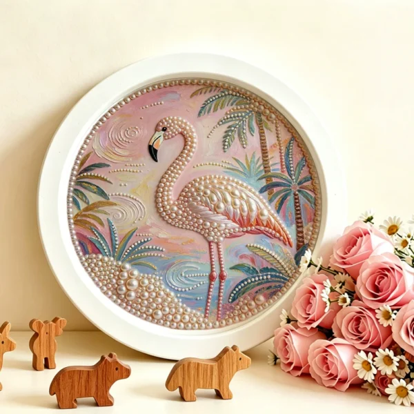 Round Handmade Pearl Diamond Painting DIY Kit, Cute Animal Portrait with Frame