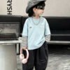 Children's Two-in-One Long Sleeve T-Shirt, Cartoon Patchwork Sleeve Top