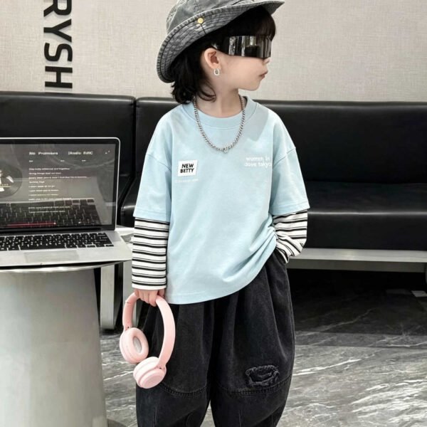 Children's Two-in-One Long Sleeve T-Shirt, Cartoon Patchwork Sleeve Top