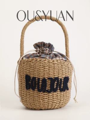 Hand-Woven Straw Bag, Women's Handbag, Bohemian Style Beach Bag, Letter Embroidered Drawstring Bag, Bamboo Basket Bag