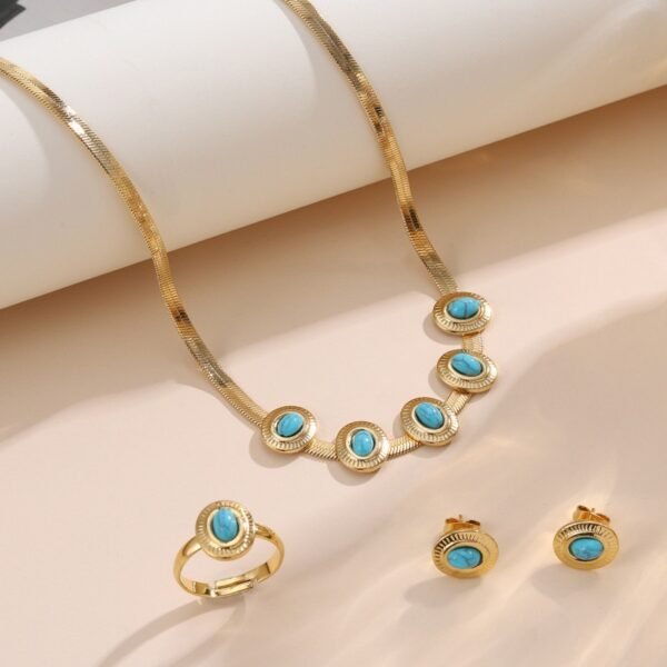 Cross-Border Electroplated K Gold Jewelry Set, Turquoise Necklace, Snake Bone Chain, Geometric Three-Piece Set