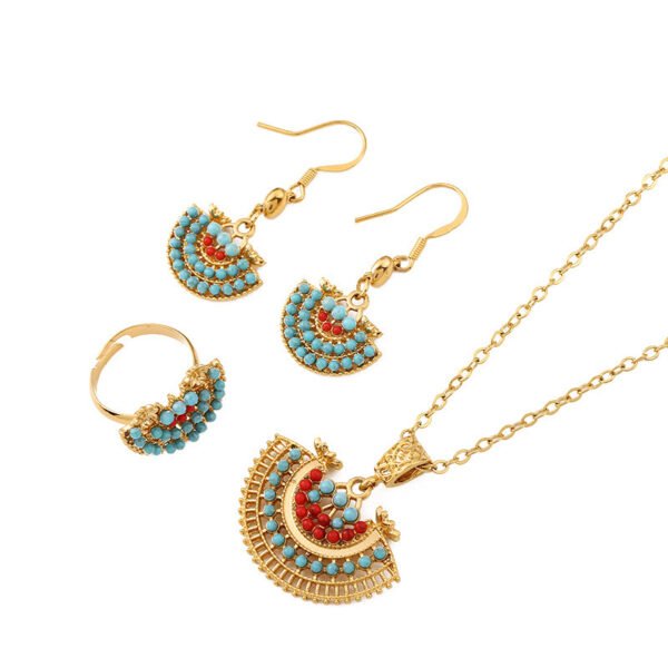 European and American Retro Fan-Shaped Turquoise Jewelry Three-Piece Set, Ethnic Style Peacock Western Necklace