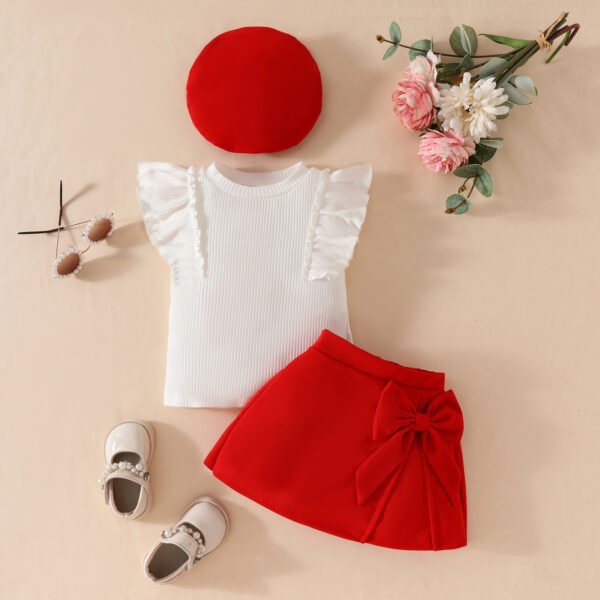 Baby Girls 3-Piece Summer Outfit - Ribbed Sleeveless Top, Bow Skirt & Shorts