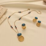 Gold-Plated Ancient Coin Pendant Necklace Beaded Chain Blue Turquoise Earrings Three-Piece Set