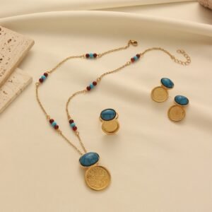 Gold-Plated Ancient Coin Pendant Necklace Beaded Chain Blue Turquoise Earrings Three-Piece Set