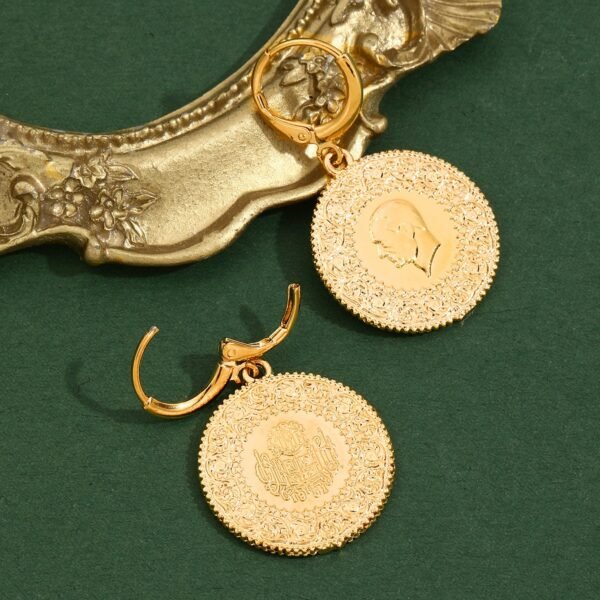 Turkish Gold-Plated Coin Earrings, Women's Head Portrait Gold Coin Ear Studs