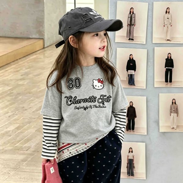 Children's Two-in-One Long Sleeve T-Shirt, Cartoon Patchwork Sleeve Top