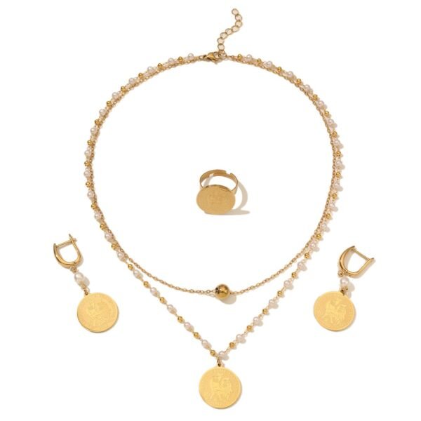 French Retro Fashion Coin Badge Pendant Necklace Set Gold-Plated