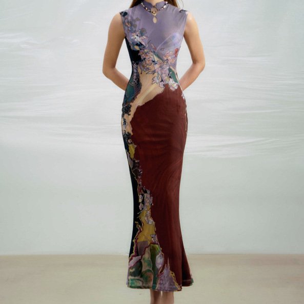 Cross-Border New Chinese-Style National Fashion Color-Blocked Cheongsam Dress Women's Summer Fishtail Tank Dress Waist-Cinching Long Skirt
