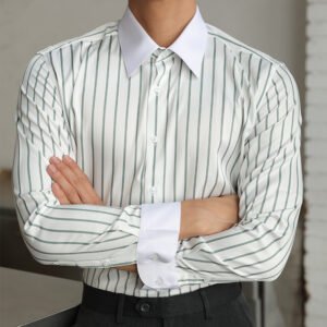 Men's Striped Long Sleeve Shirt - Contrast Collar Slim Fit Business Shirt