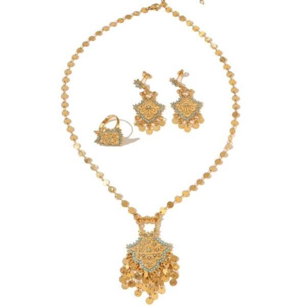 Xinjiang Jewelry Set, Gold-Plated Earrings, Necklace, Ethnic Style Three-Piece Set with Ring