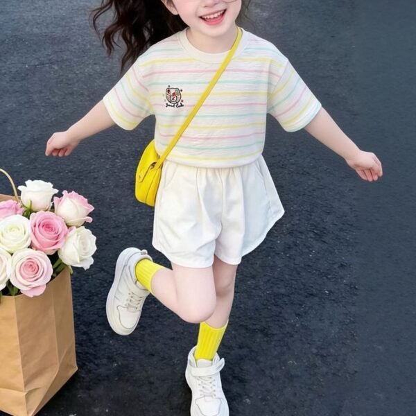 O1CN01DqNoK41CSEQl8OTIg_2218561860079-0-cib Girls' Summer Striped Short-Sleeve T-Shirt, Casual Rainbow Stripe Design