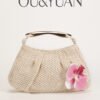 Hand-Woven Straw Handbag - Cream White Floral Decorated Bag