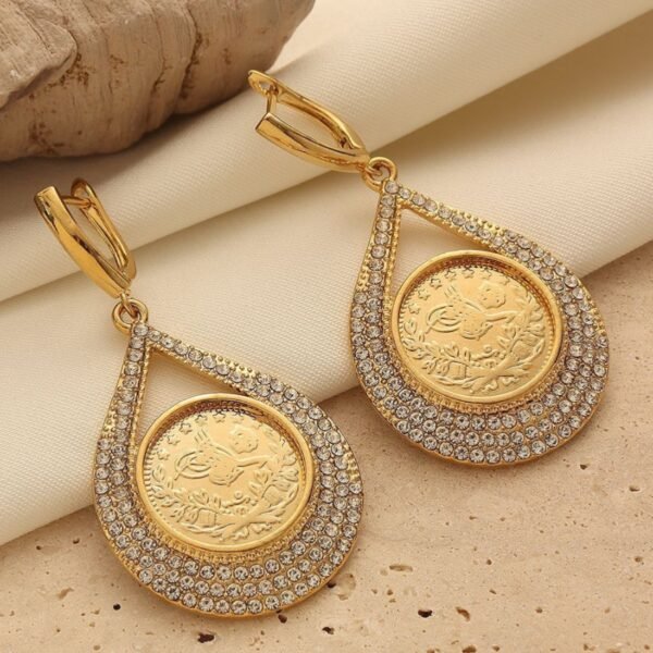 Gold-Plated Coin Earrings, Rice Flower Coin with Diamonds, Ethnic Style
